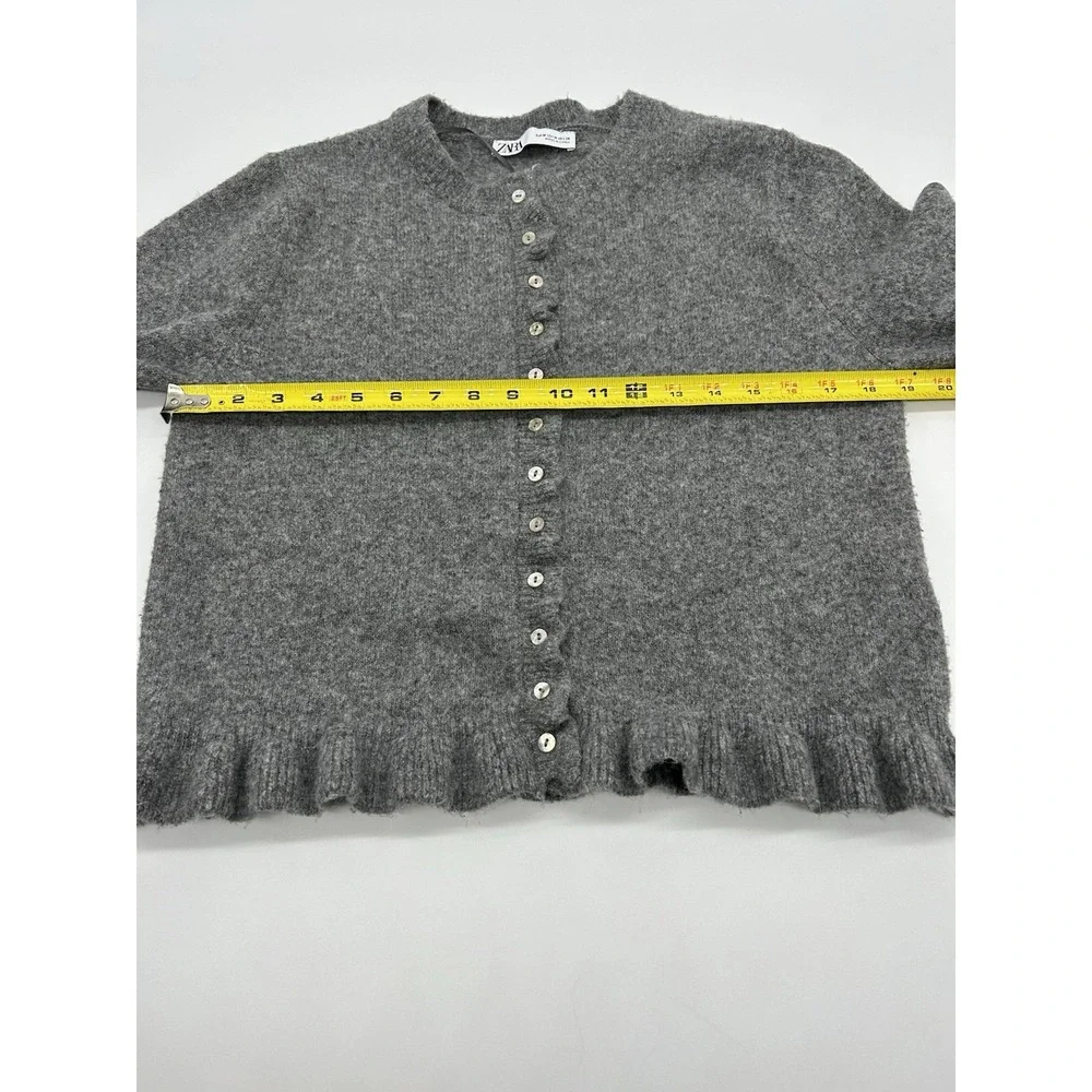 Zara Gray Button Up Frill Cardigan Sweater Women's Medium Wool Blend - Picture 7 of 9